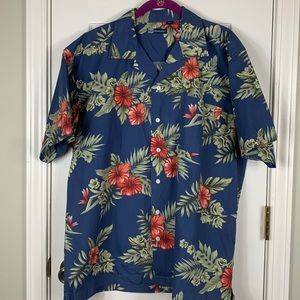 Blue Generation blue short sleeved camp shirt with coral/green flowers large